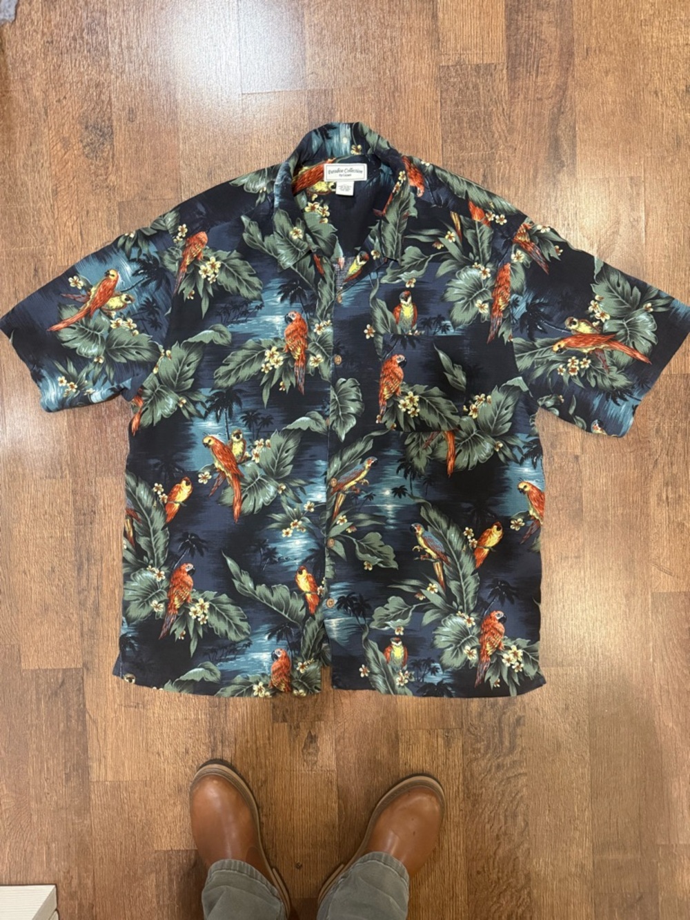 Silk Black Tropical Parrot Short-Sleeve Camp Shirt 90s XL